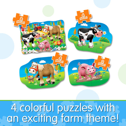 Infographic about 4-In-A-Box Farm Puzzle that says, "4 colorful puzzle with an exciting farm theme!"