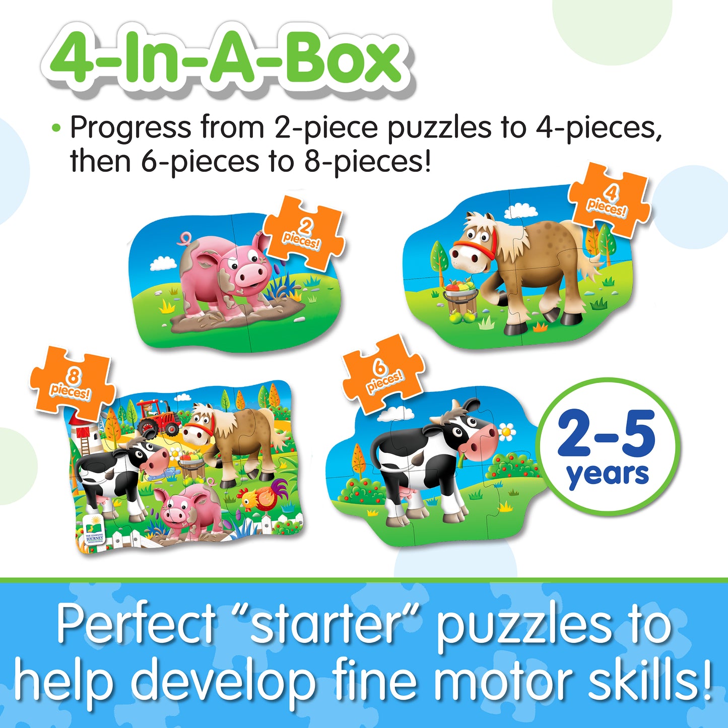 Infographic about 4-In-A-Box Farm Puzzle's features that says, "Perfect 'starter' puzzles to help develop fine motor skills!"