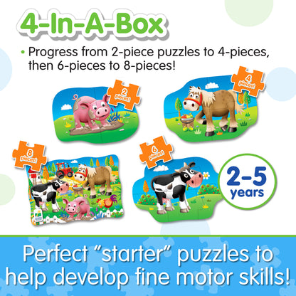Infographic about 4-In-A-Box Farm Puzzle's features that says, "Perfect 'starter' puzzles to help develop fine motor skills!"