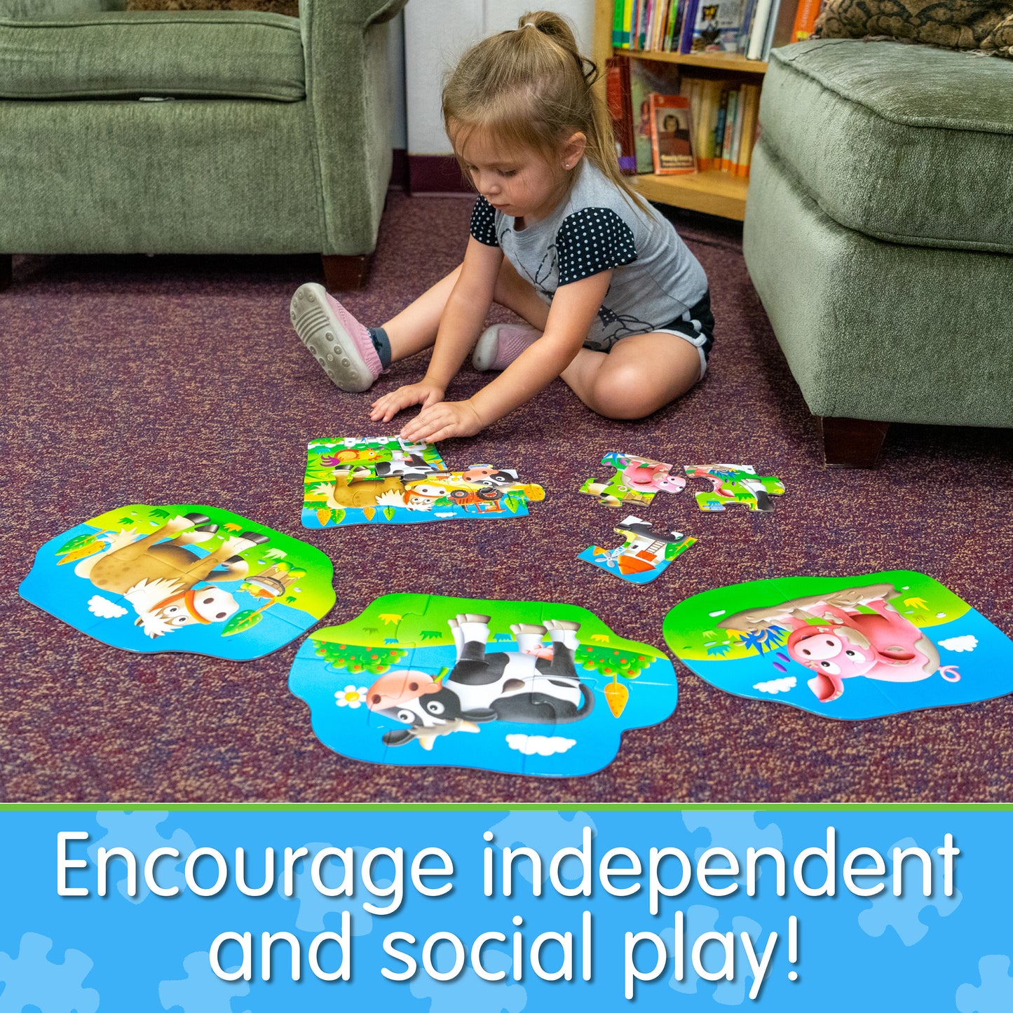 Infographic with little girl assembling 4-In-A-Box Farm Puzzle that says, "Encourage independent and social play!"