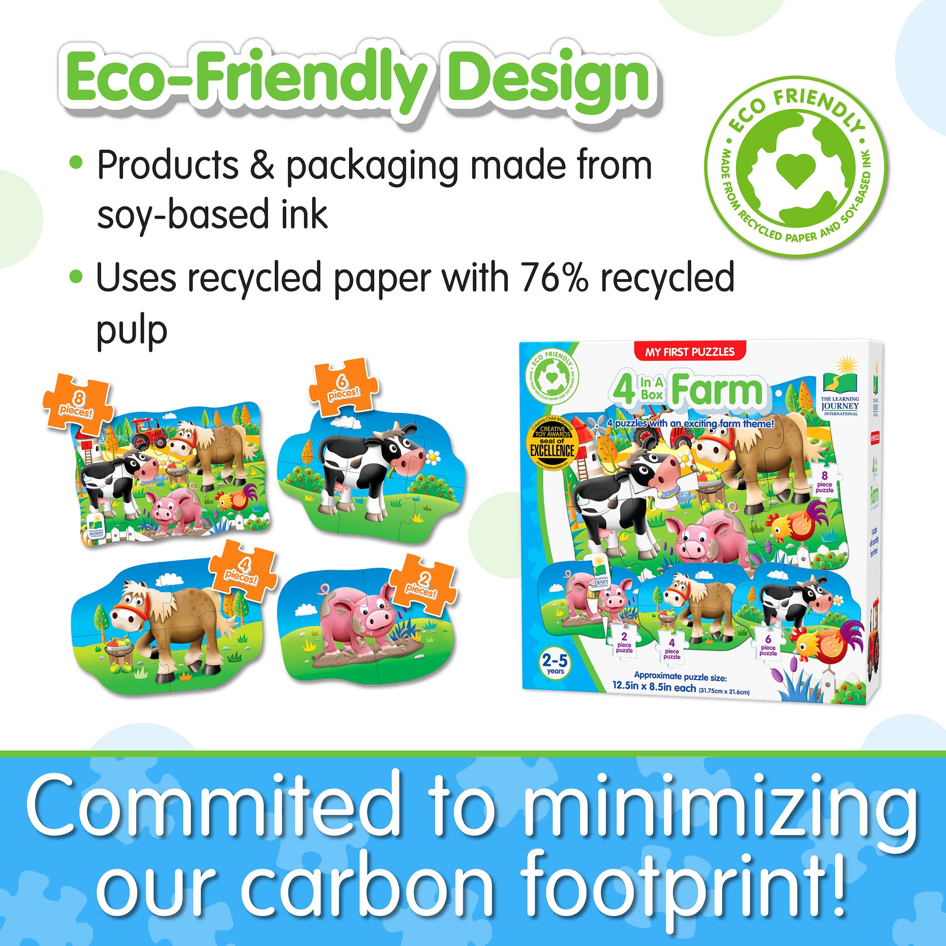 Infographic about 4-In-A-Box Farm Puzzle's eco-friendly design that says, "Committed to minimizing our carbon footprint!"