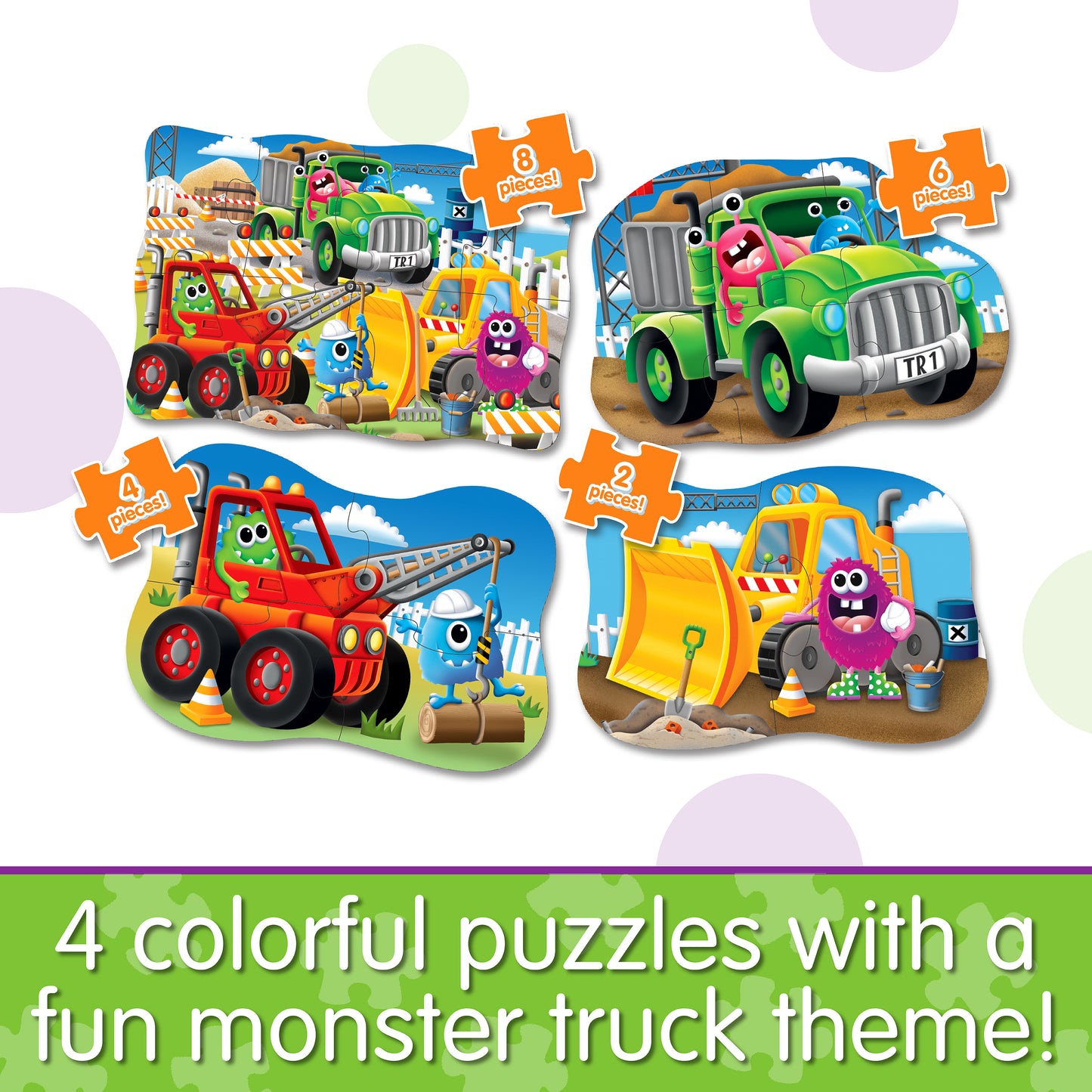 Infographic about 4-In-A-Box Monster Trucks Puzzle that says, "4 colorful puzzles with a fun monster truck theme!"