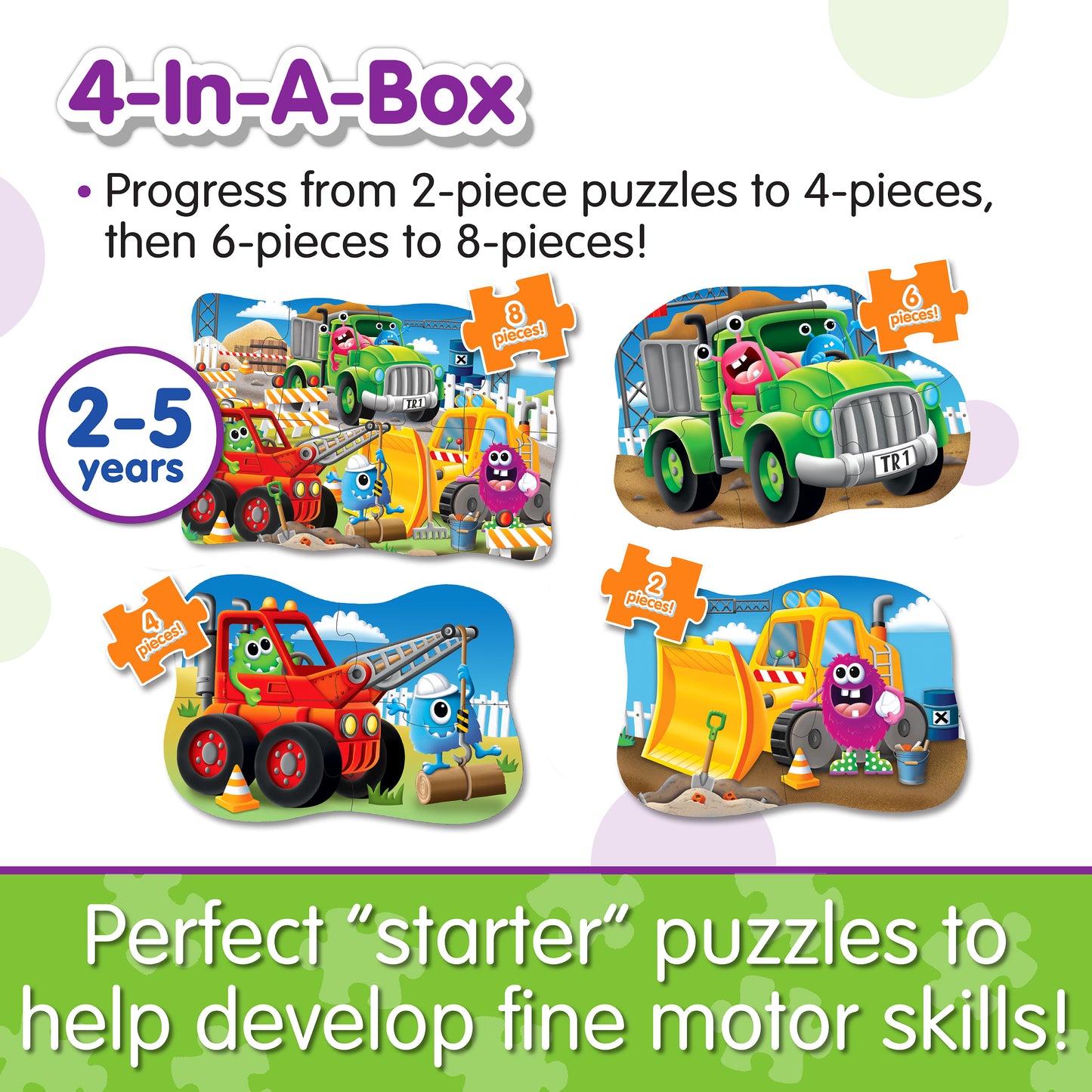 Infographic about 4-In-A-Box Monster Trucks Puzzle's features that says, "Perfect 'starter' puzzles to help develop fine motor skills!"