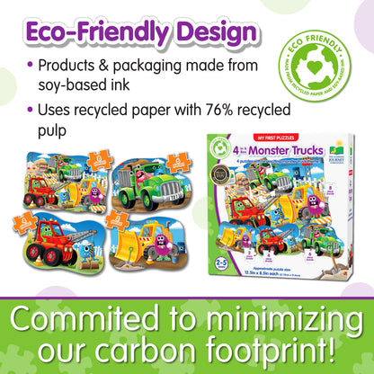 Infographic about 4-In-A-Box Monster Trucks Puzzle's eco-friendly design that says, "Committed to minimizing our carbom footprint!"