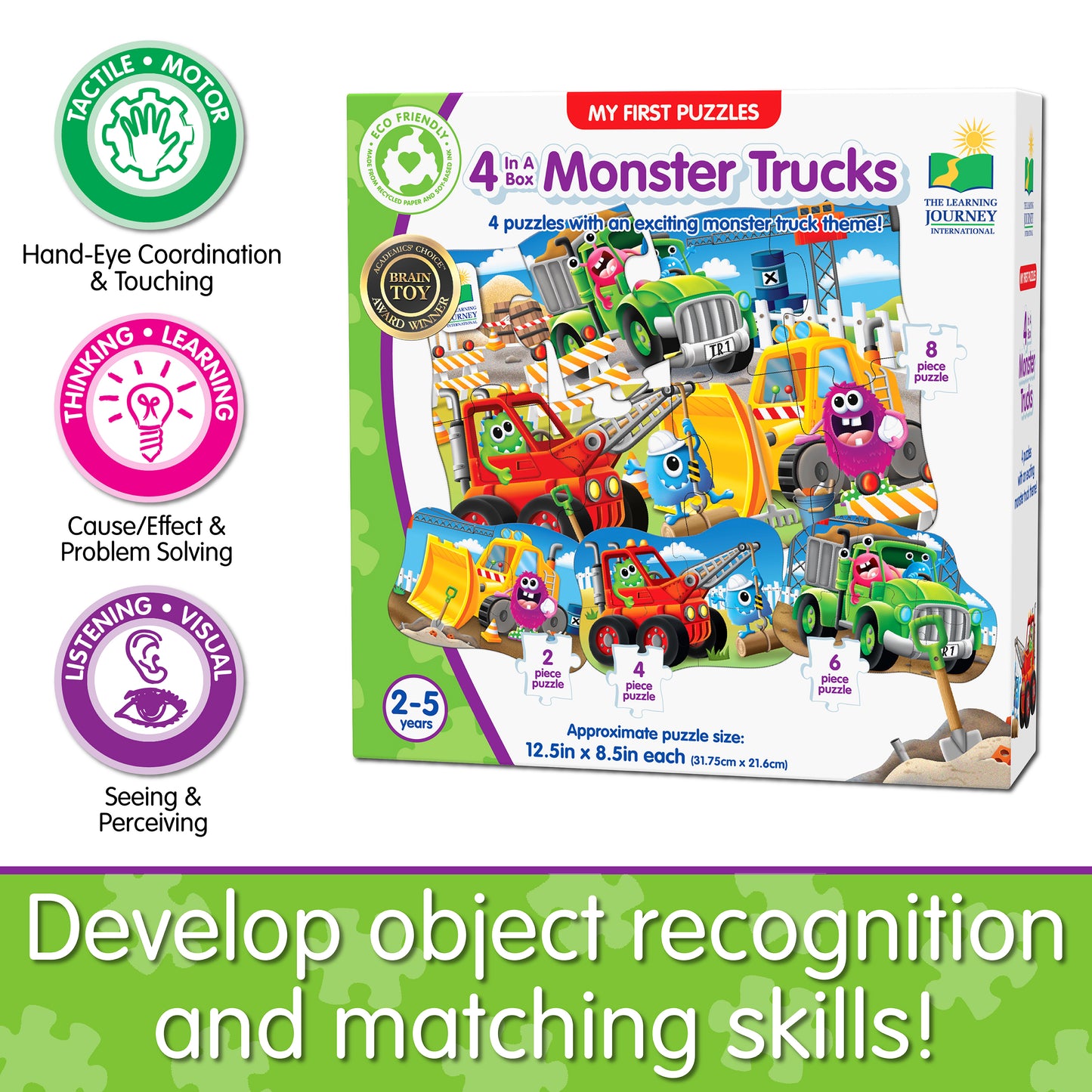 Infographic about 4-In-A-Box Monster Trucks Puzzle's educational benefits that says, "Develop object recognition and matching skills!"