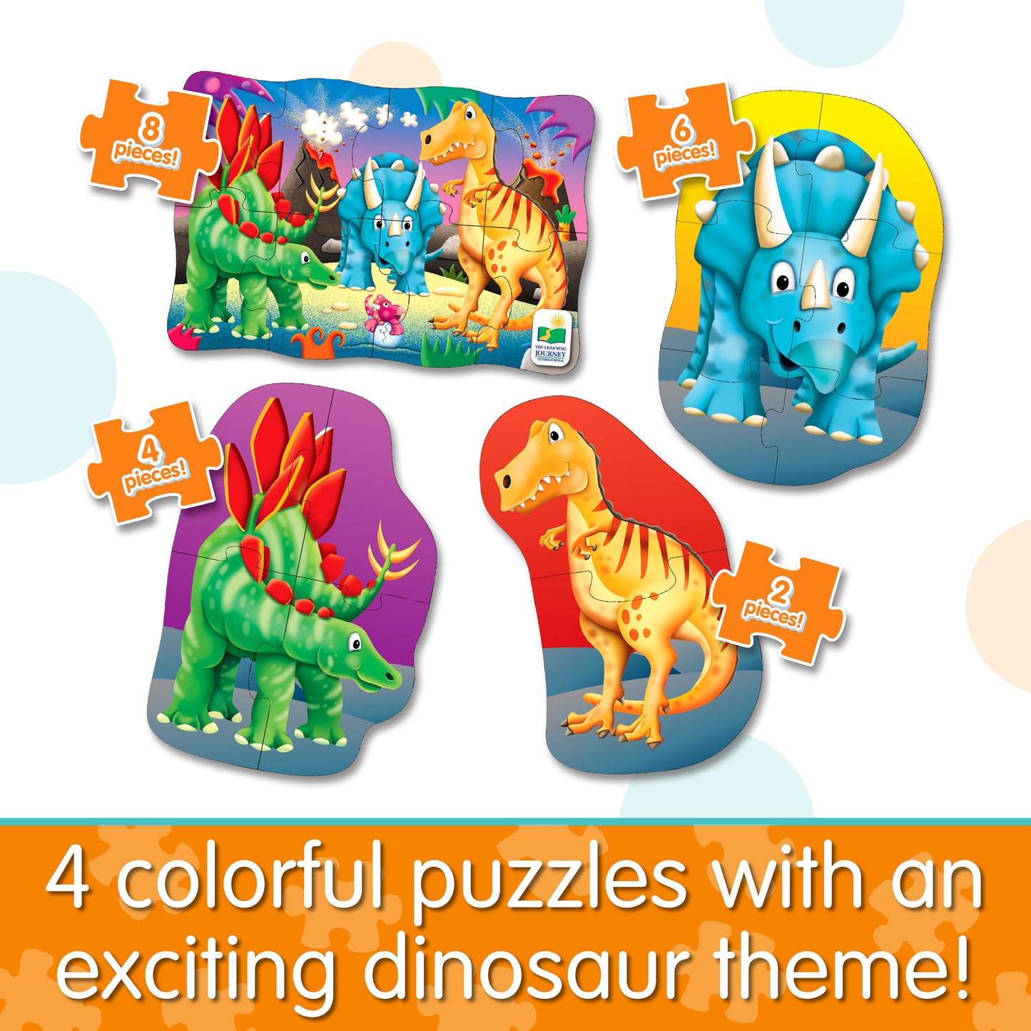 Infographic about 4-In-A-Box Dino Puzzle that says, "4 colorful puzzles with an exciting dinosaur theme!"