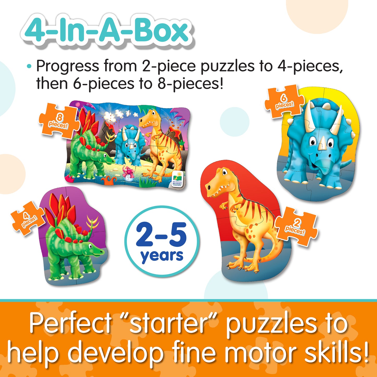 Infographic about 4-In-A-Box Dino Puzzle's features that says, "Perfect 'starter' puzzles to help develop fine motor skills!"