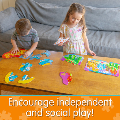 Infographic with two young siblings assembling 4-In-A-Box Dino Puzzle that says, "Encourage independent and social play!"
