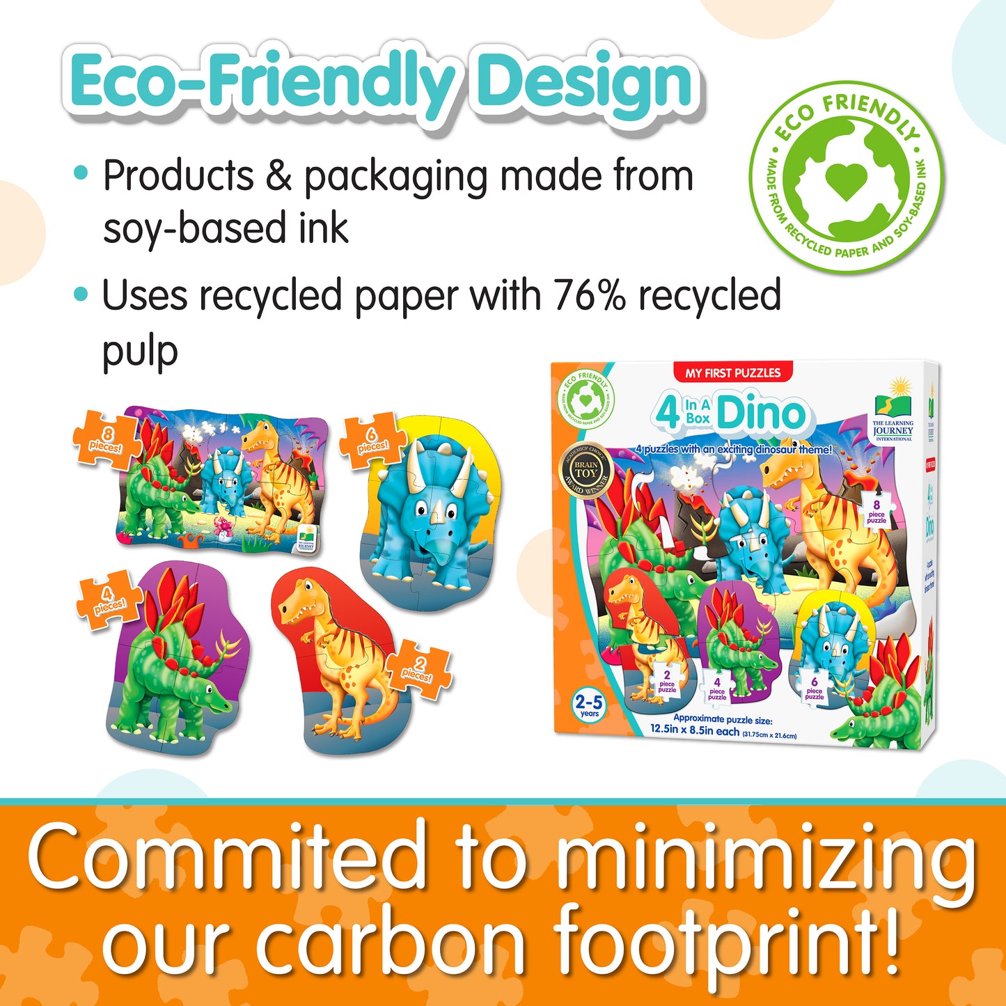 Infographic about 4-In-A-Box Dino Puzzle's eco-friendly design that says, "Committed to minimizing our carbon footprint!"