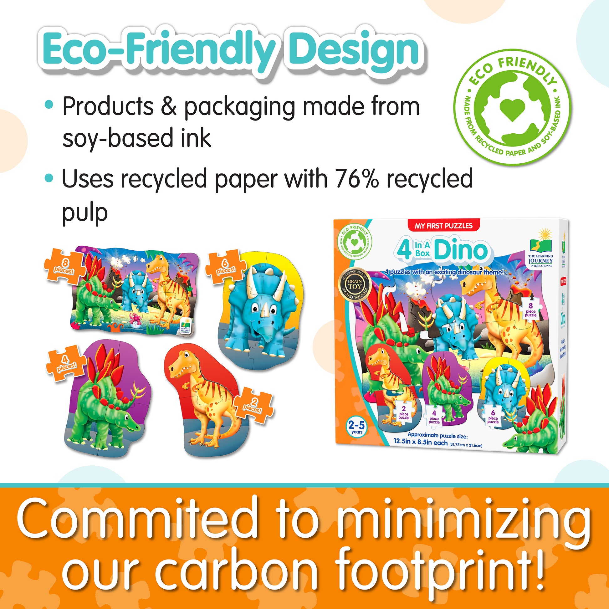Infographic about 4-In-A-Box Dino Puzzle's eco-friendly design that says, "Committed to minimizing our carbon footprint!"