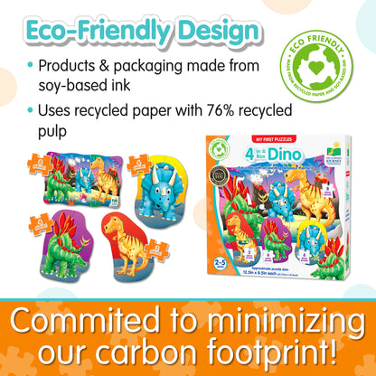 Infographic about 4-In-A-Box Dino Puzzle's eco-friendly design that says, "Committed to minimizing our carbon footprint!"