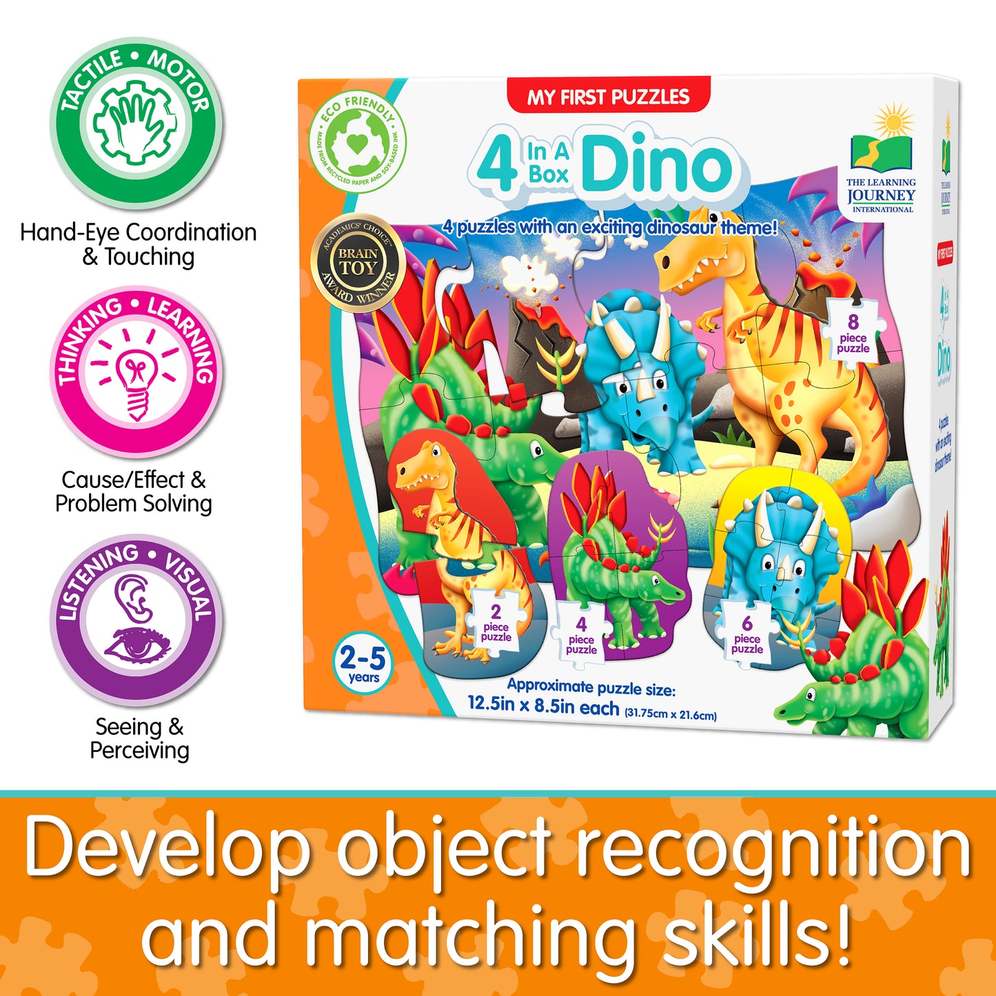 Infographic about 4-In-A-Box Dino Puzzle's educational benefits that says, "Develop object recognition and matching skills!"