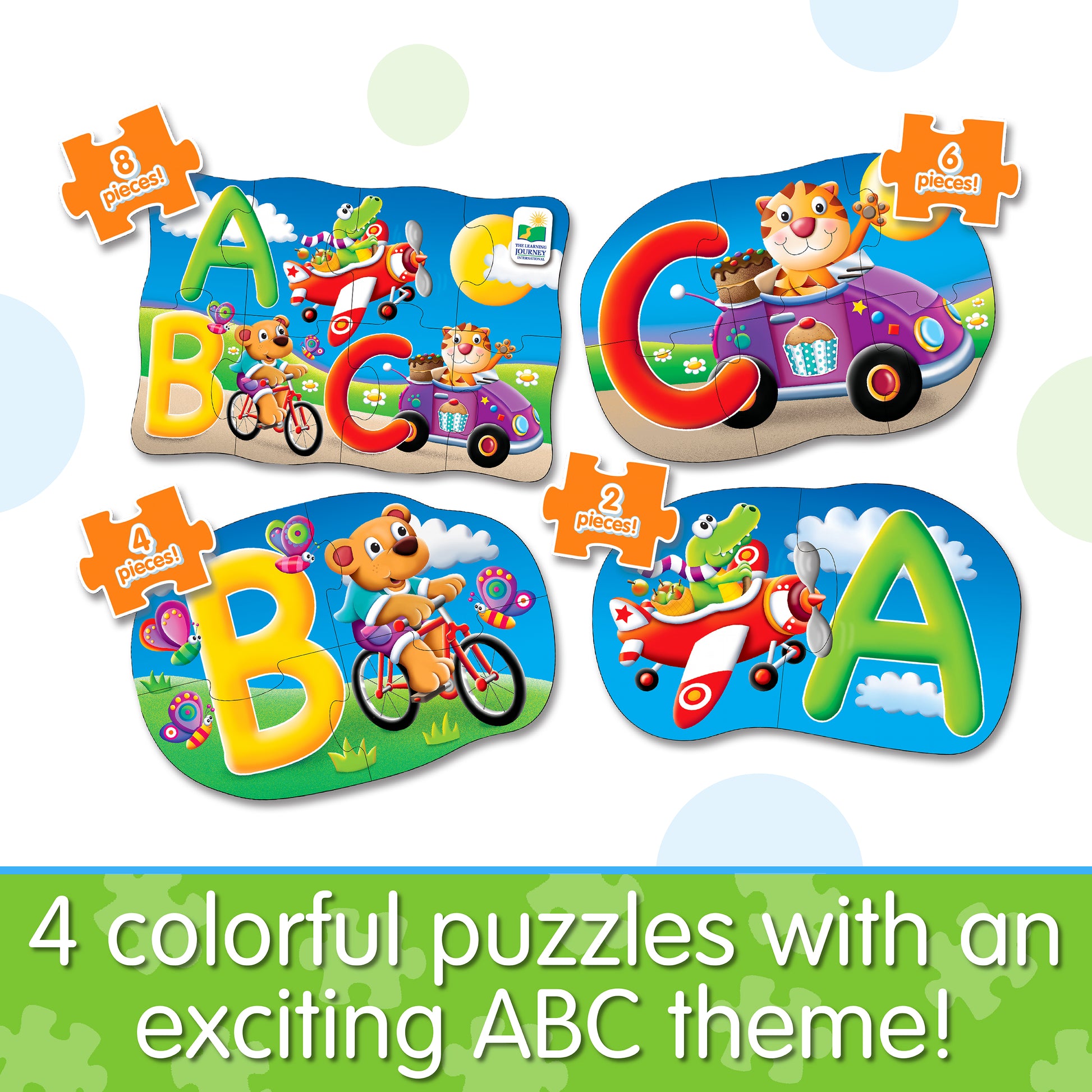 Infographic about 4-In-A-Box ABC Puzzle that says, "4 colorful puzzles with an exciting ABC theme!"