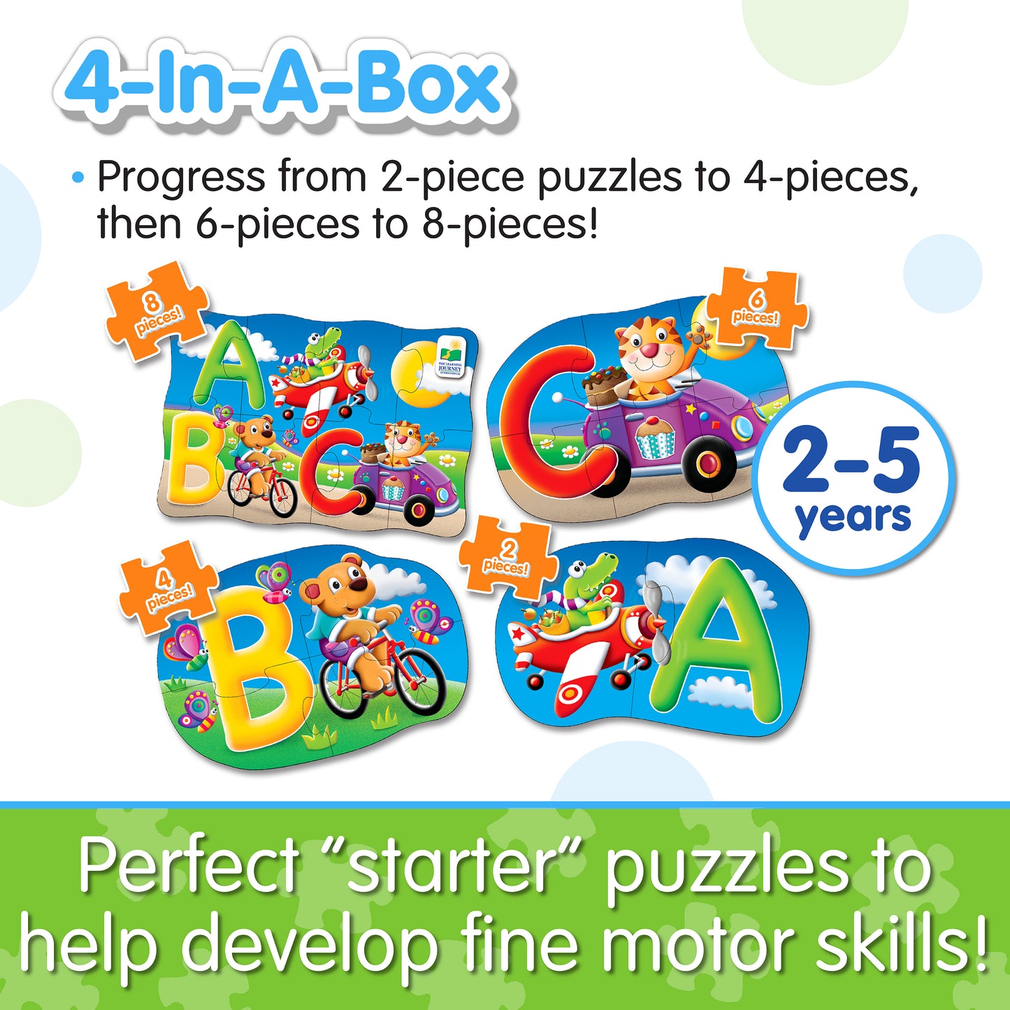 Infographic about 4-In-A-Box ABC Puzzle's features that says, "Perfect 'starter' puzzles to help develop fine motor skills!"