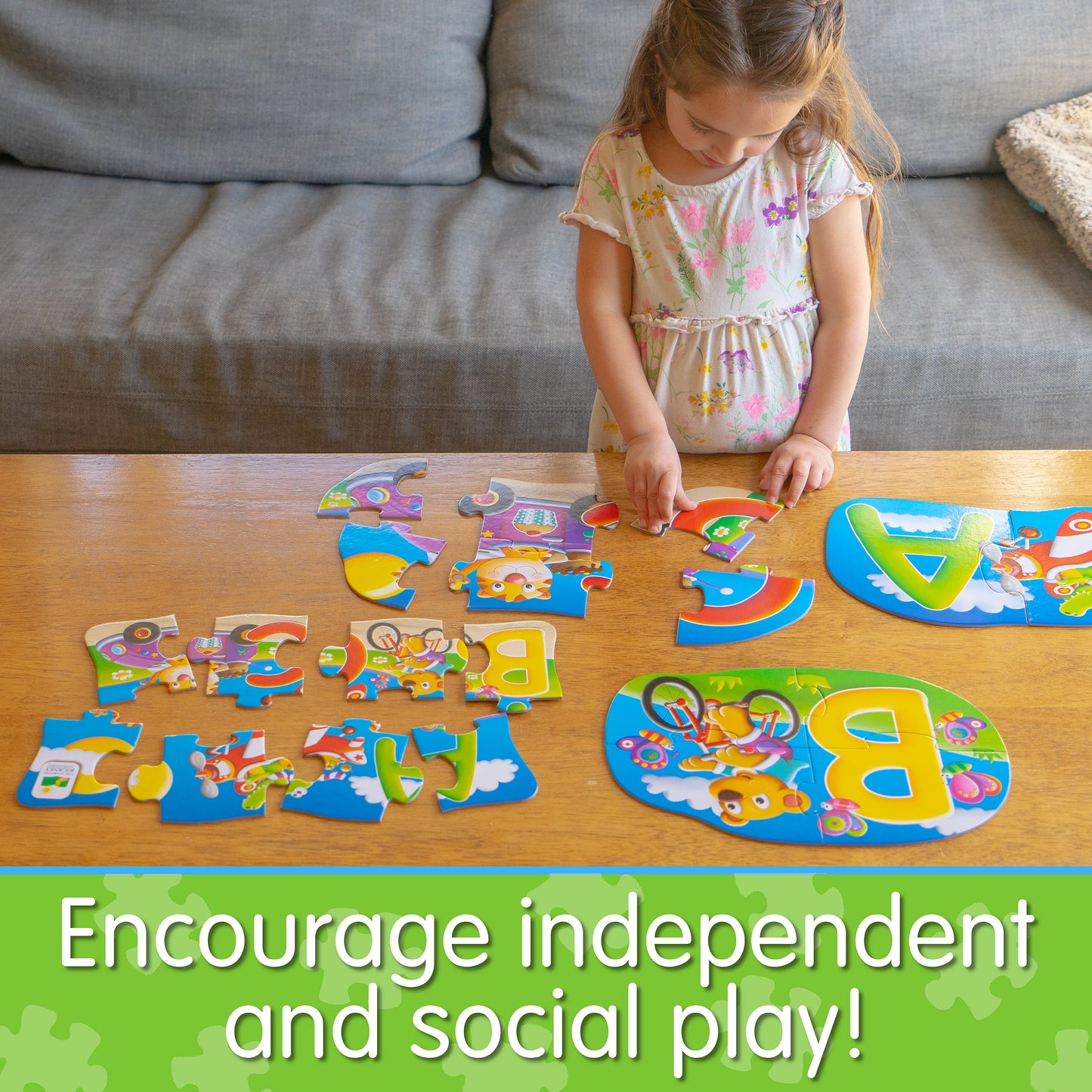 Infographic with little girl assembling 4-In-A-Box ABC Puzzle that says, "Encourage independent and social play!"