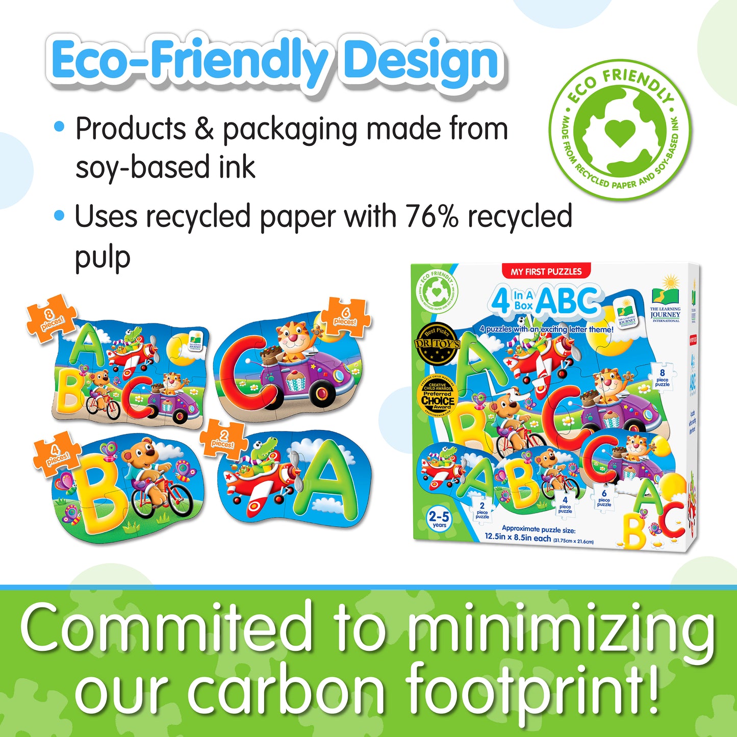 Infographic about 4-In-A-Box ABC Puzzle's eco-friendly design that says, "Committed to minimizing our carbon footprint!"