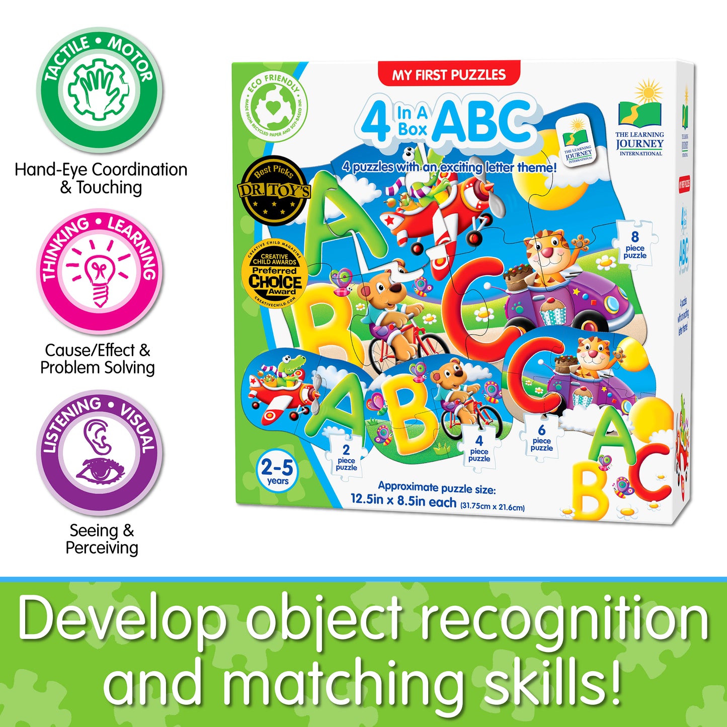 Infographic about 4-In-A-Box ABC Puzzle's educational benefits that says, "Develop object recognition and matching skills!"