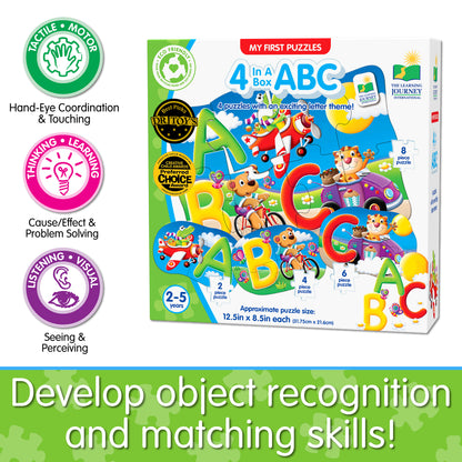 Infographic about 4-In-A-Box ABC Puzzle's educational benefits that says, "Develop object recognition and matching skills!"