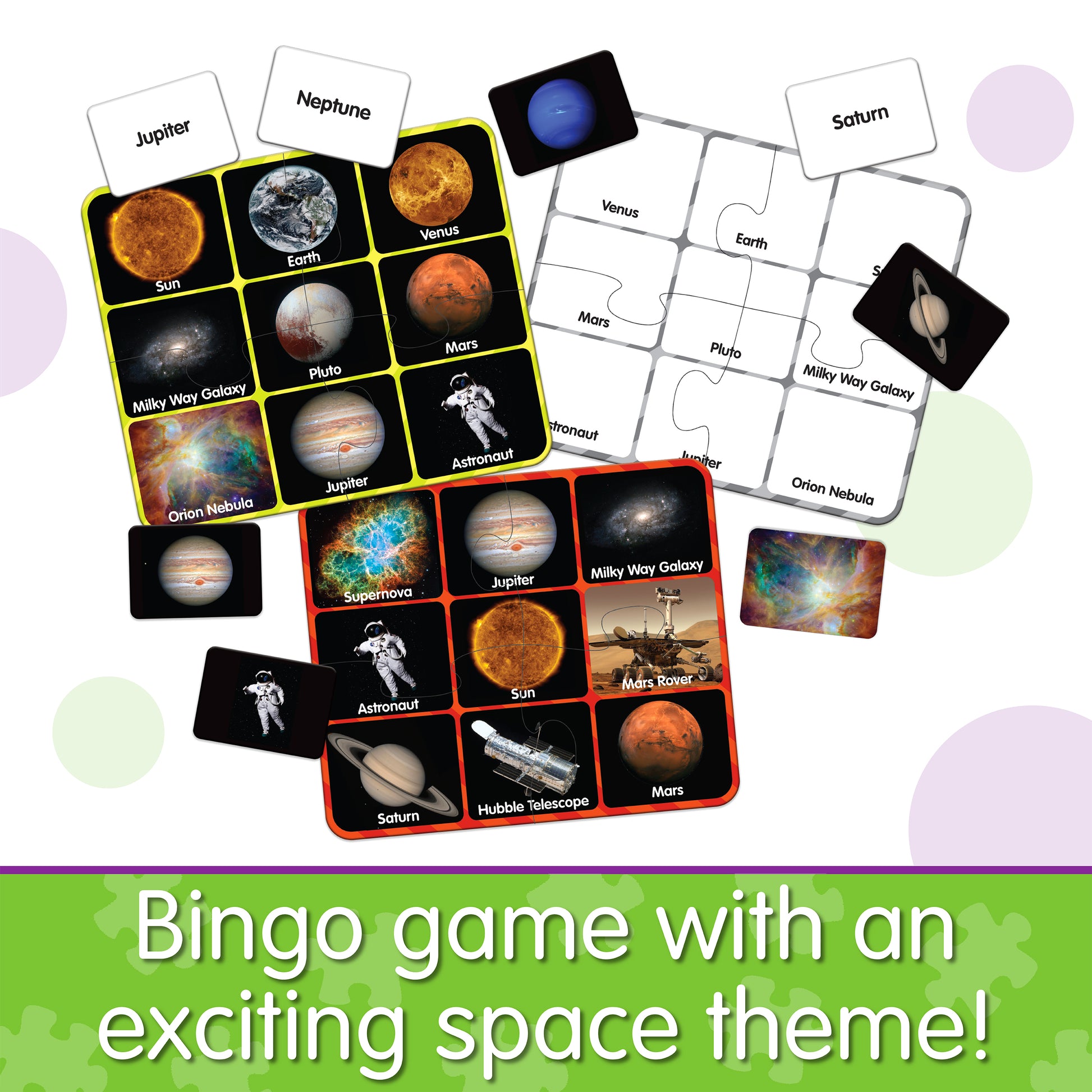 Infographic about Match It - Space Bingo that says, "Bingo game with an exciting space theme!"