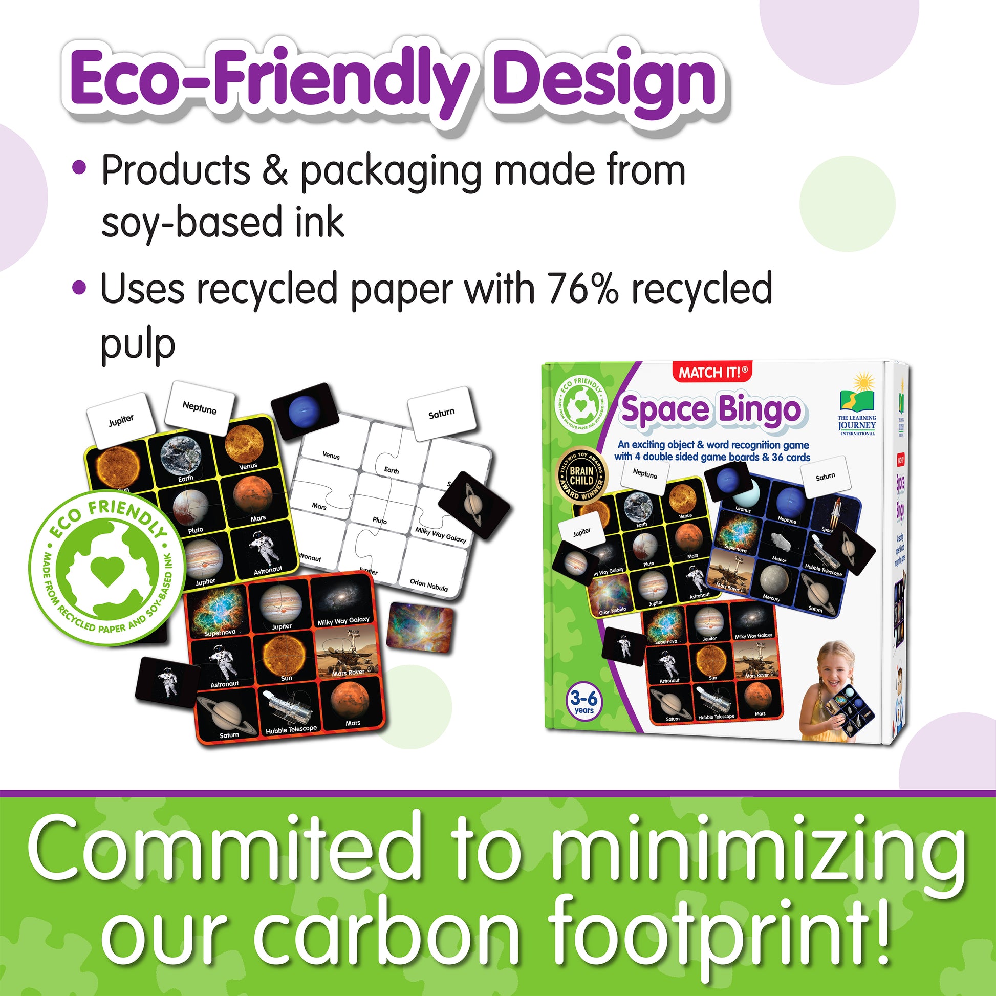 Infographic about Match It - Space Bingo's eco-friendly design that says, "Committed to minimizing our carbon footprint!"