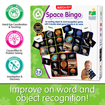 Infographic about Match It - Space Bingo's educational benefits that says, "Improve on word and object recognition!"