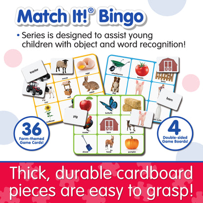 Infographic about Match It - Farm Bingo's features that says, "Thick, durable cardboard pieces are easy to grasp!"