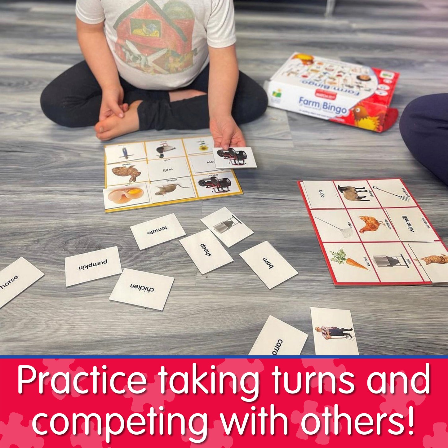 Infographic of little girl playing Match It - Farm Bingo that says, "Practice taking turns and competing with others!"