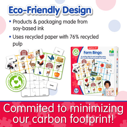Infographic about Match It - Farm Bingo's eco-friendly design that says, "Committed to minimizing our carbon footprint!"