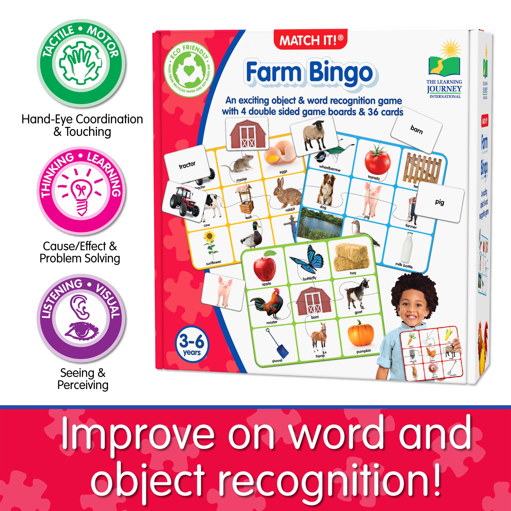 Infographic about Match It - Farm Bingo's educational benefits that says, "Improve on word and object recognition!"