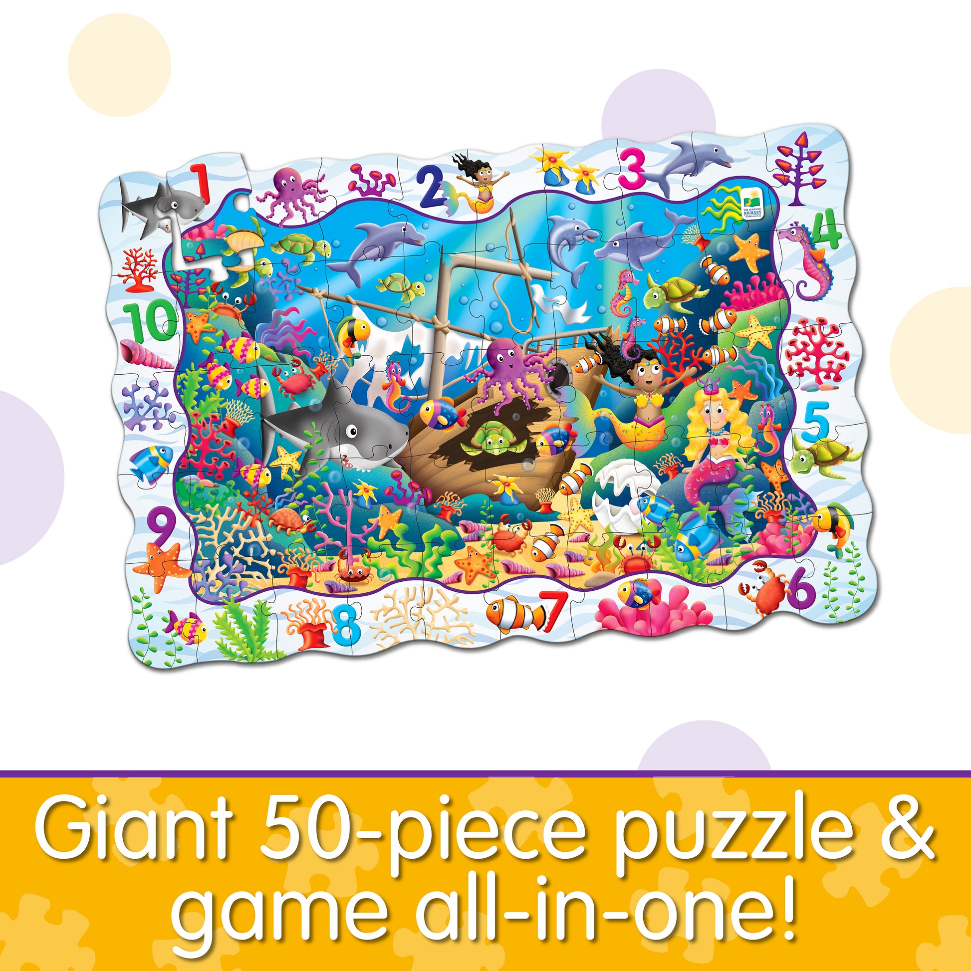Infographic about Find It - 123 that says, "Giant 50-piece puzzle and game all-in-one!"