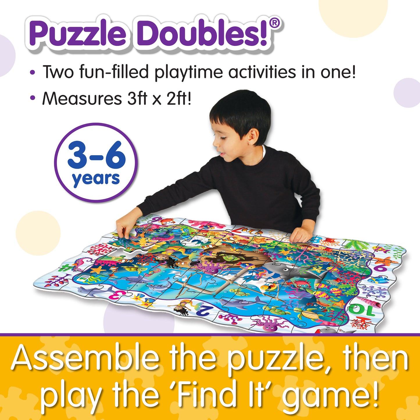 Infographic about Find It - 123 that says, "Assemble the puzzle, then play the 'Find It' game!"