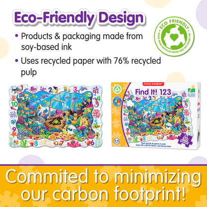 Infographic about Find It - 123's eco-friendly design that says, "Committed to minimizing our carbon footprint!"