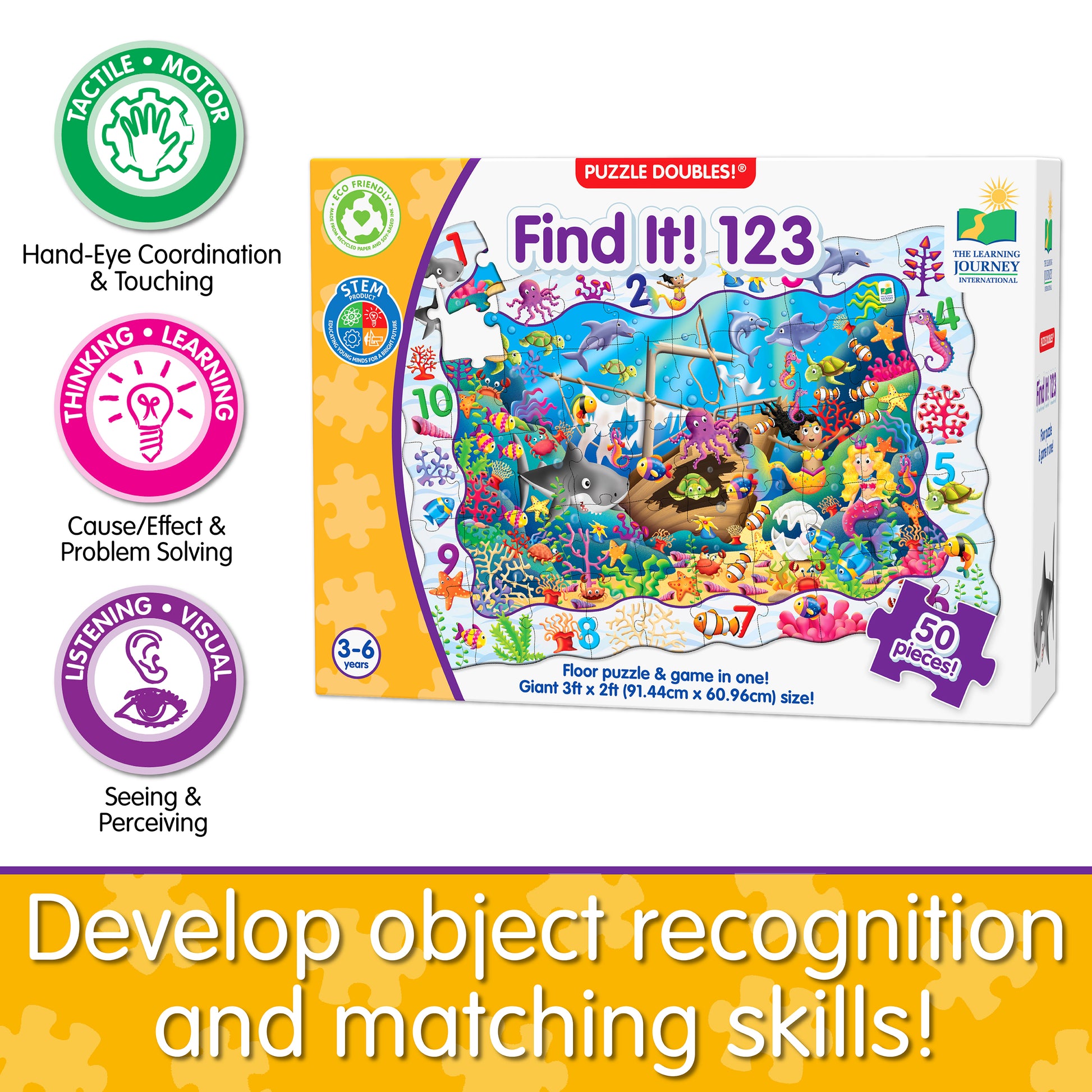 Infographic about Find It - 123's educational benefits that says, "Develop object recognition and matching skills!"
