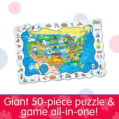 Infographic about Find It - USA that says, "Giant 50-piece puzzle and game all in one!"