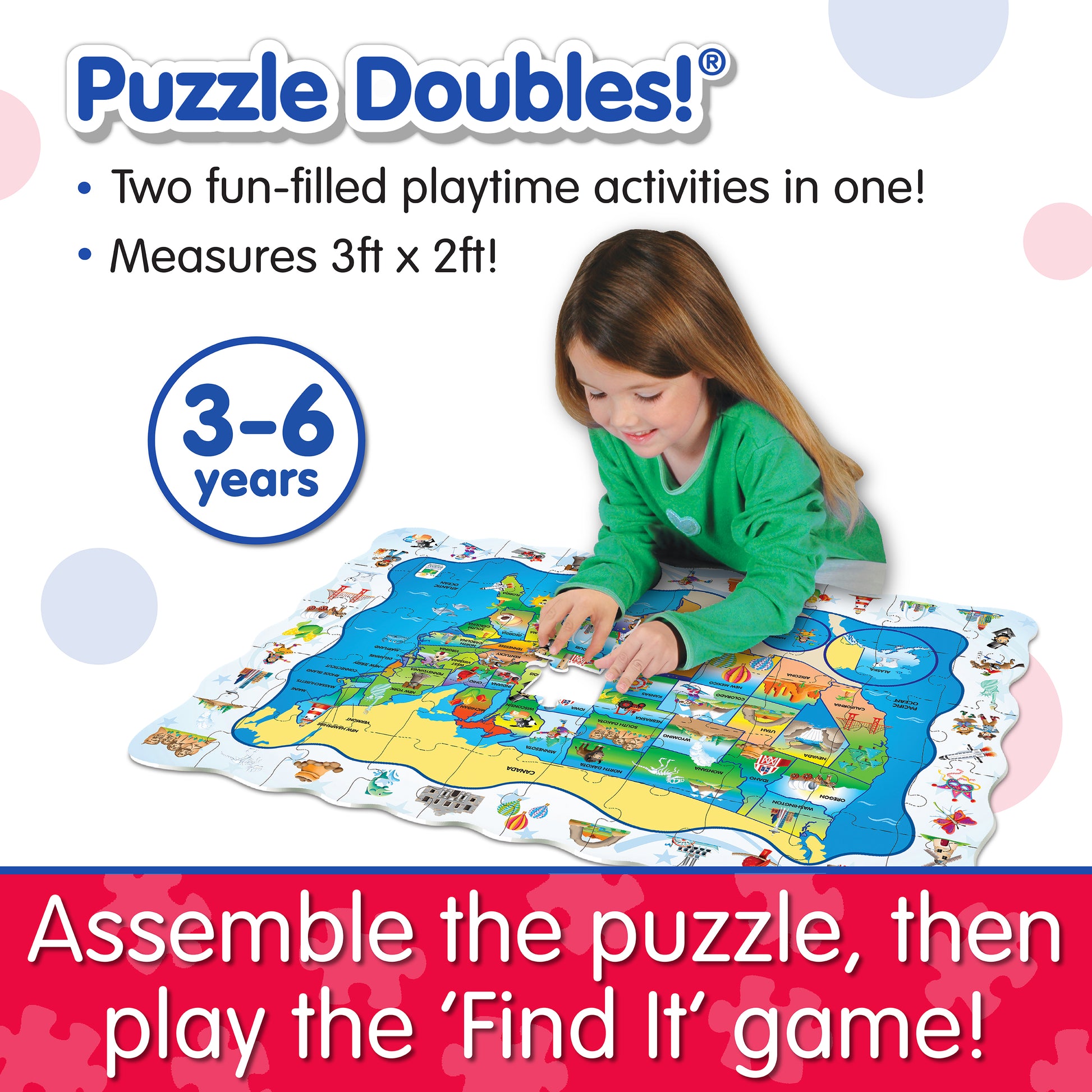 Infographic about Find It - USA that says, "Assemble the puzzle, then play the 'Find It' game!"