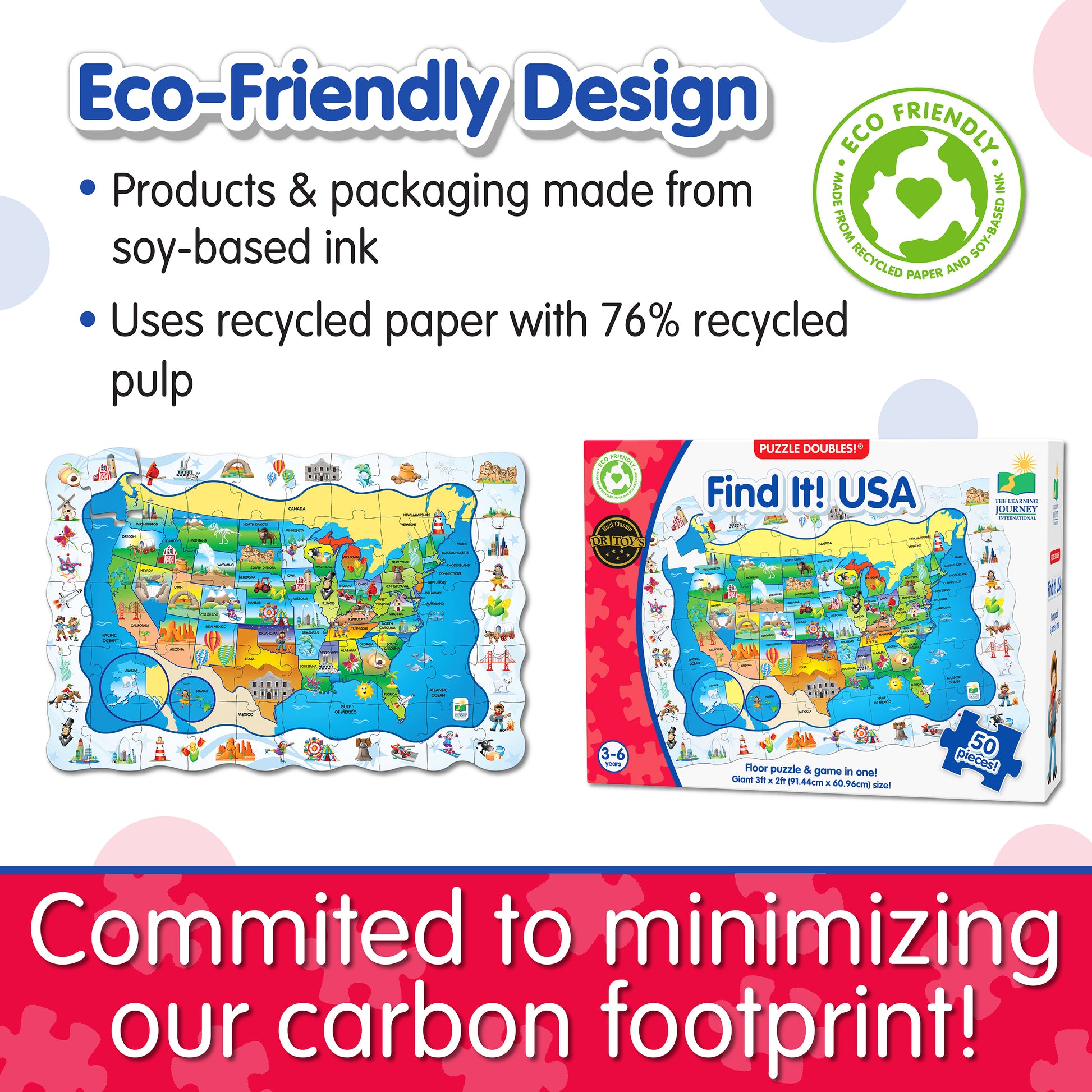 Infographic about Find It - USA's eco-friendly design that says, "Committed to minimizing our carbon footprint!"