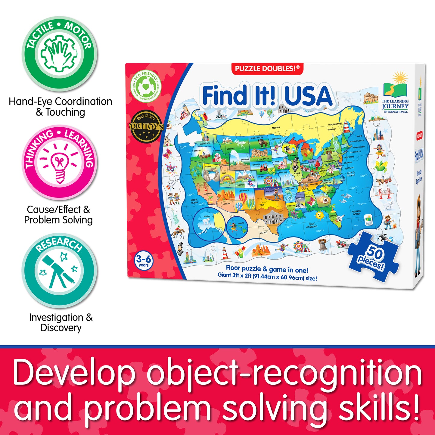 Infographic about Find It - USA's educational benefits that says, "Develop object-recognition and problem solving skills!"