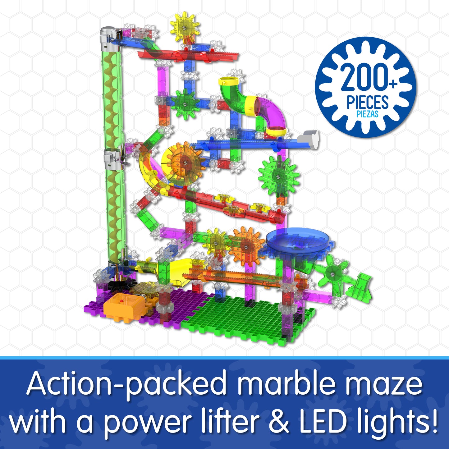 Infographic about Extreme Glo that says, "Action-packed marble maze with a power lifter and LED lights!"