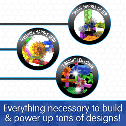 Infographic about Extreme Glo's features that says, "Everything necessary to build and power up tons of designs!"