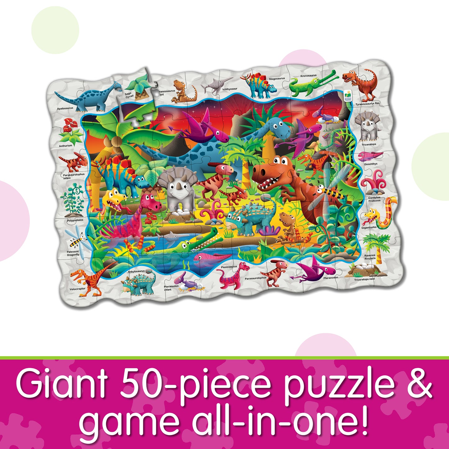 Infographic about Find It - Dino that says, "Giant 50-piece puzzle and game all in one!"