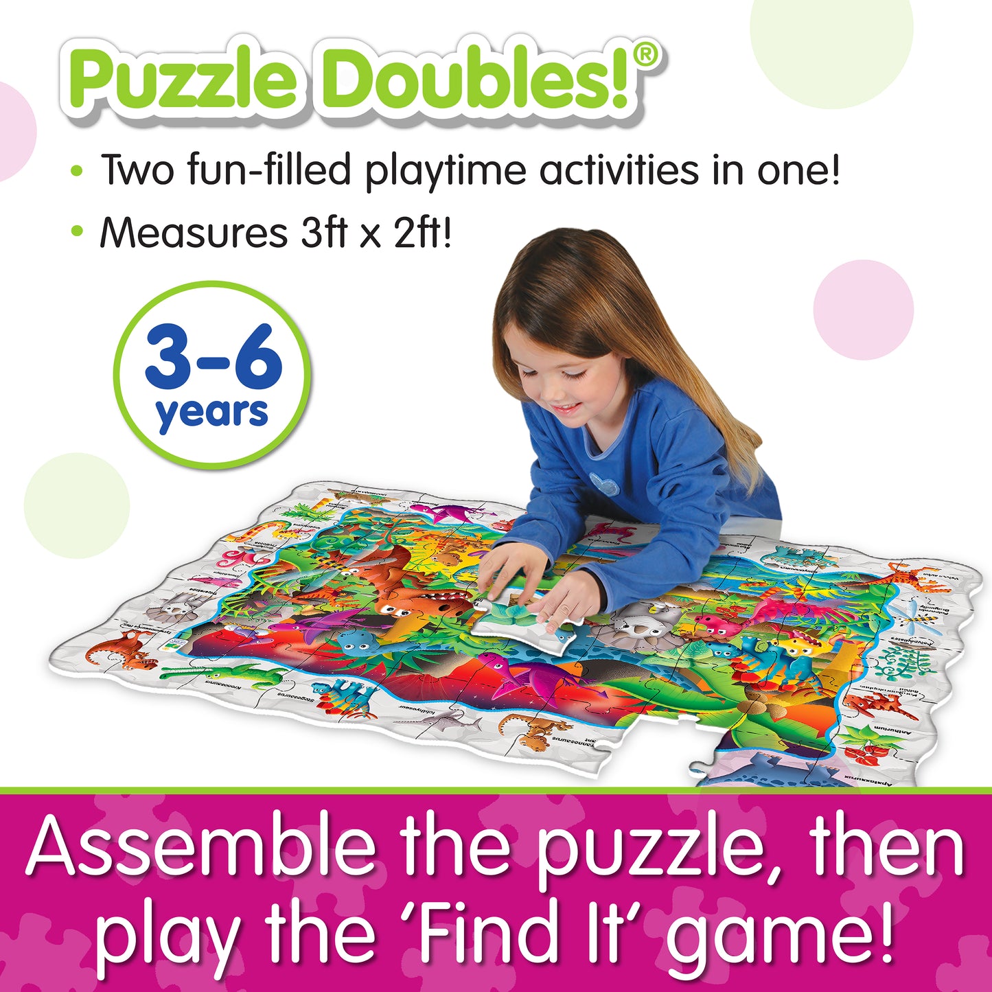 Infographic about Find It - Dino that says, "Assemble the puzzle, then play the 'Find It' game!"