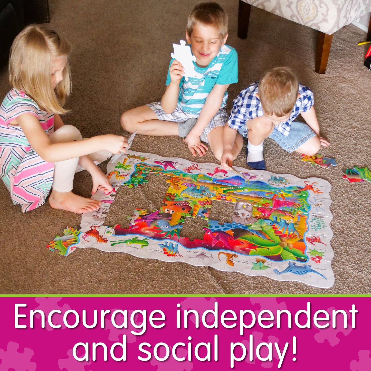 Infographic about Find It - Dino that says, "Encourage independent and social play!"
