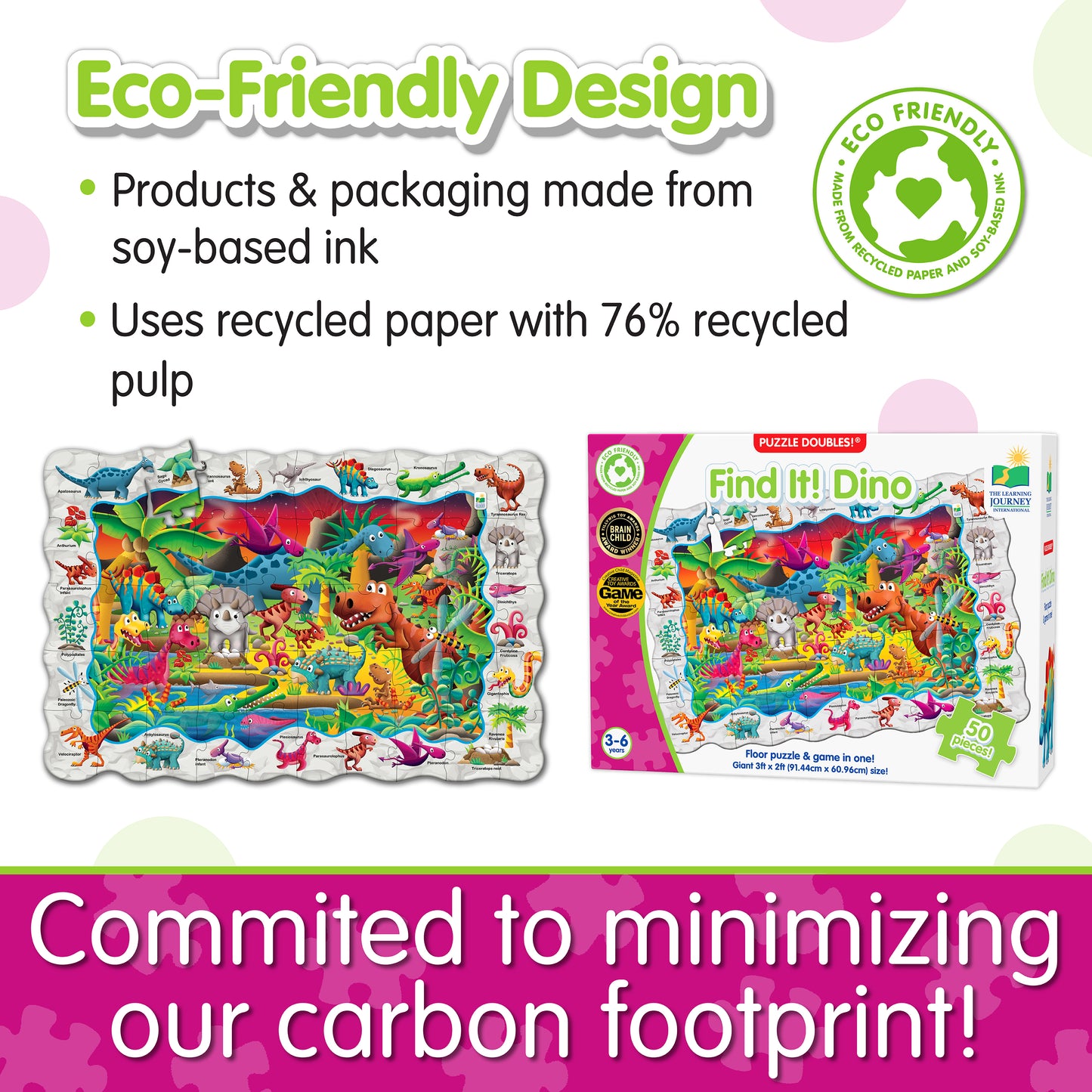 Infographic about Find It - Dino's eco-friendly design that says, "Committed to minimizing our carbon footprint!"