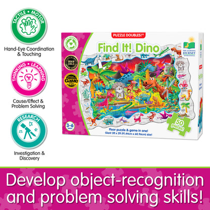 Infographic about Find It - Dino's educational benefits that says, "Develop object-recognition and problem solving skills!"