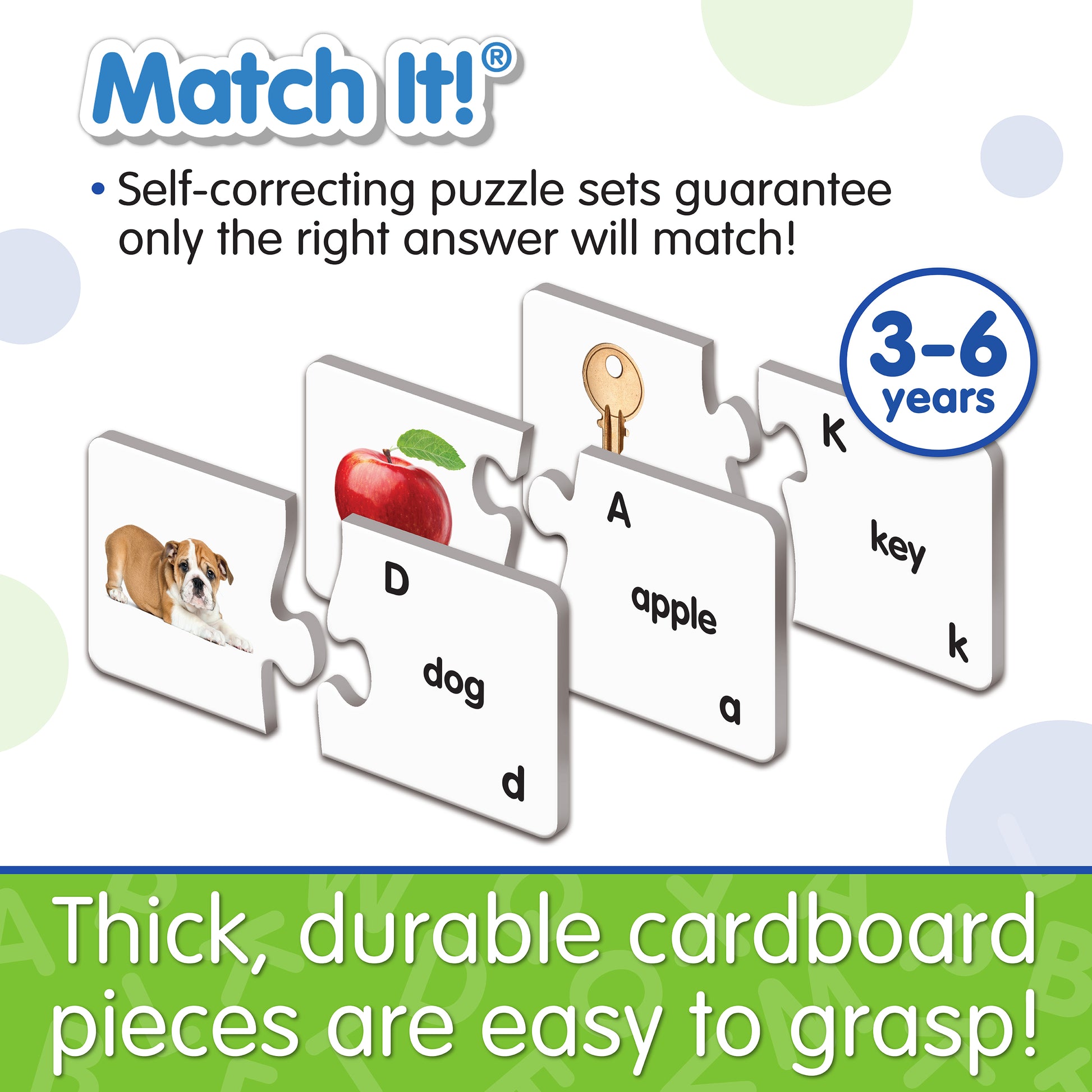 Infographic about Match It - ABC's features that says, "Thick, durable cardboard pieces are easy to grasp!"