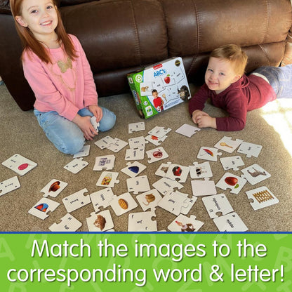 Infographic of young boy and girl playing Match It - ABC that says, "Match the images to the corresponding word and letter!"