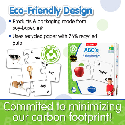 Infographic about Match It - ABC's eco-friendly design that says, "Committed to minimizing our carbon footprint!"