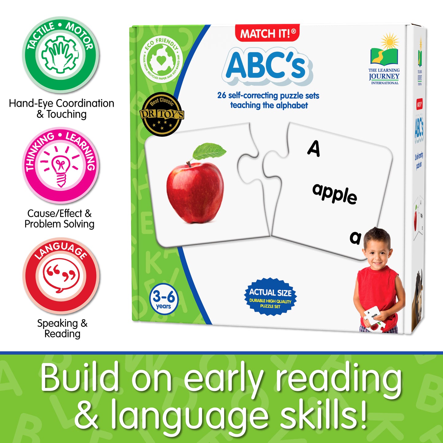 Infographic about Match It - ABC's educational benefits that says, "Build on early reading and language skills!"