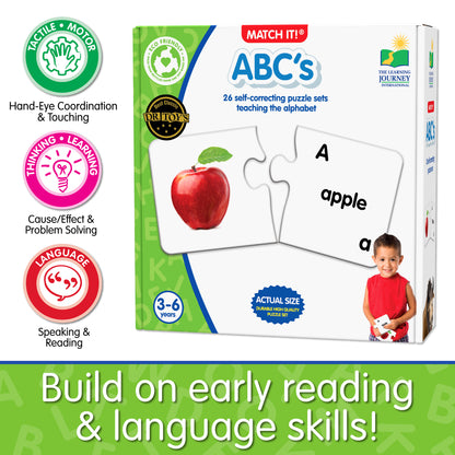 Infographic about Match It - ABC's educational benefits that says, "Build on early reading and language skills!"