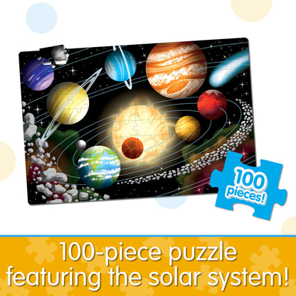 Infographic about Glow in the Dark - Space that says, "100-piece puzzle featuring the solar system!"